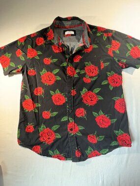Eighth Avenue Men's All-Over Red Rose Button-Up Short Sleeve Shirt Size Large